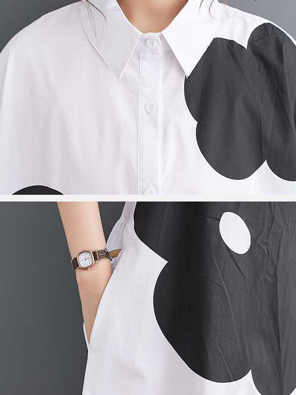 Buttoned Floral Printed Loose Short Sleeves Lapel Collar Midi Dresses