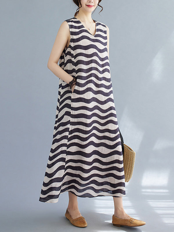 Striped Loose Sleeveless V-neck Midi Dresses