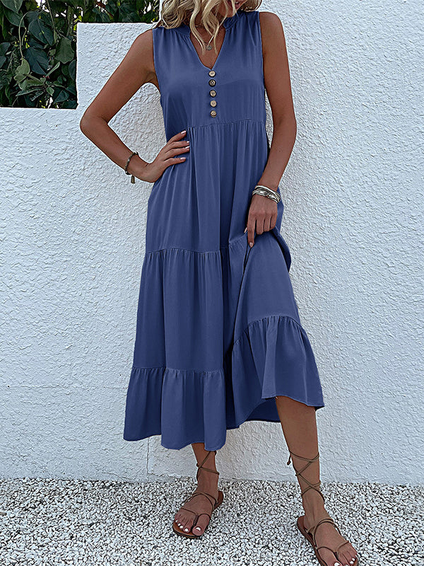 Pleated Split-Joint Loose Sleeveless V-Neck Midi Dresses