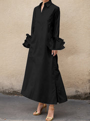 Buttoned Solid Color Split-Joint Split-side A-line Flared Sleeves Lapel Maxi Dresses