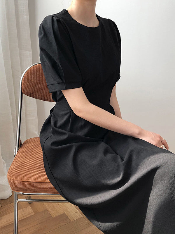 Original Creation Loose Short Sleeves Solid Color Round-Neck Midi Dresses