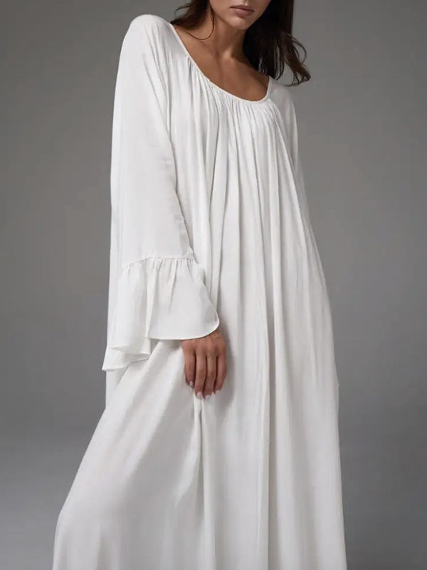 Pleated Solid Color Split-Joint Flared Sleeves Loose Round-Neck Maxi Dresses