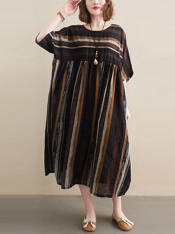 Original Cotton Blend Stripe Half Sleeve Maxi Dress