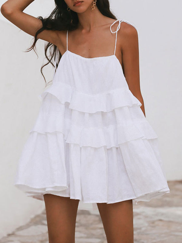 Backless Layered Pleated Solid Color A-Line High Waisted Spaghetti-Neck Mini Dresses