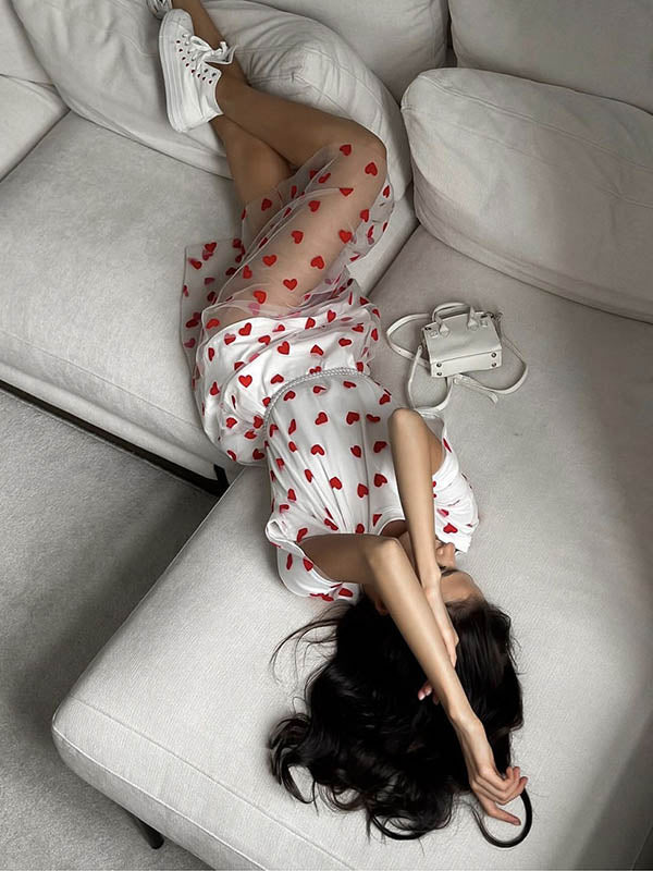 Heart Print Mesh See-Through Split-Joint Loose Short Sleeves Round-Neck Midi Dresses