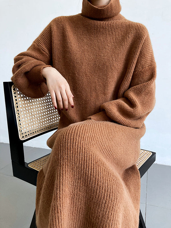 Urban Loose Puff Sleeves Solid Color High-Neck Sweater Dresses