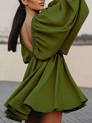 Elasticity Solid Color V-back Long Sleeves Loose Deep V-Neck Mini Dresses