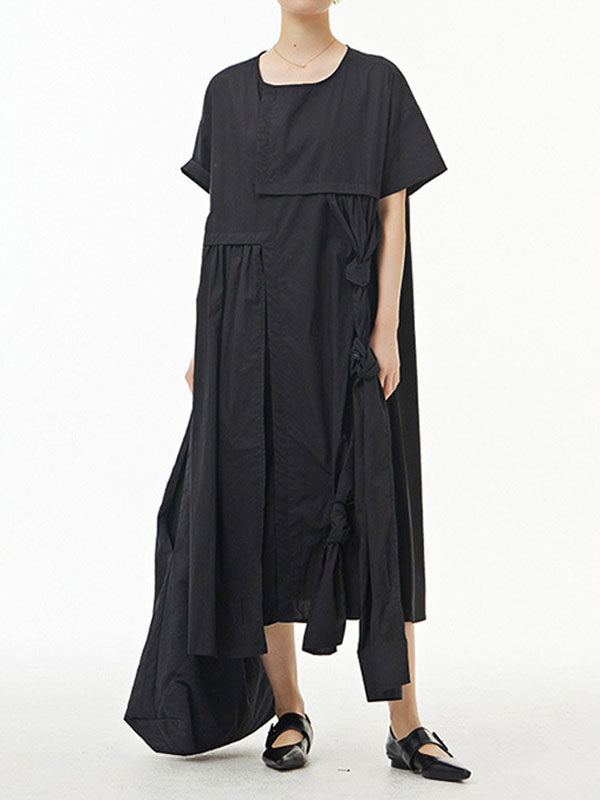 Solid Color Streamer Loose Short Sleeves Round-neck Midi Dresses