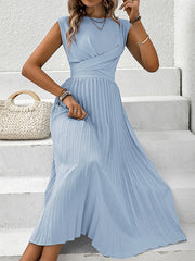 Elasticity Pleated Solid Color Split-Joint Tied Waist Loose Raglan Sleeve Round-neck Midi Dresses
