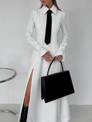 Buttoned Solid Color Split-Joint Split-side A-line Flared Sleeves Lapel Shirt Dress Maxi Dresses