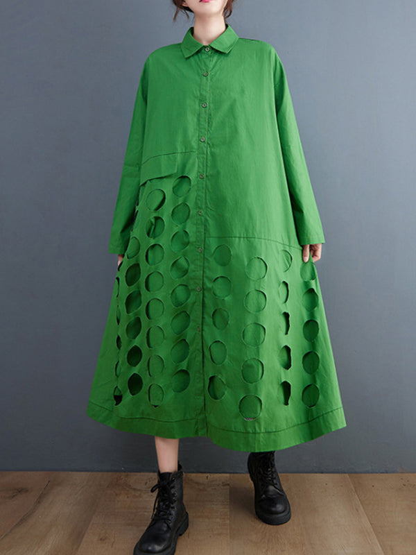 Asymmetric Hollow Polka-Dot Solid Color A-Line Long Sleeves Lapel Midi Dresses