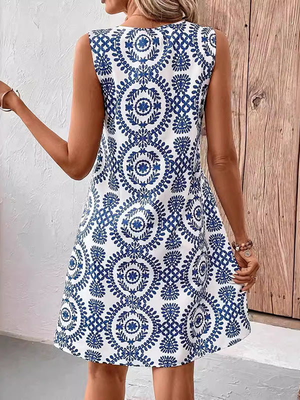 Hollow Printed A-Line Loose U-Neck Mini Dresses