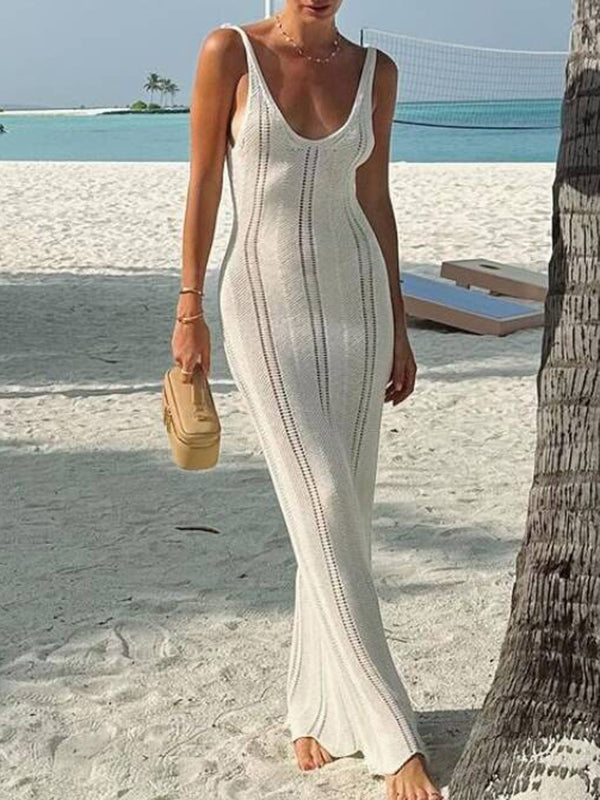 Backless Hollow See-Through Solid Color Split-Joint Skinny Sleeveless Wide Straps Maxi Dresses