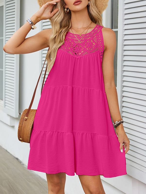 Hollow Pleated Solid Color Split-Joint A-Line Loose Round-Neck Mini Dresses