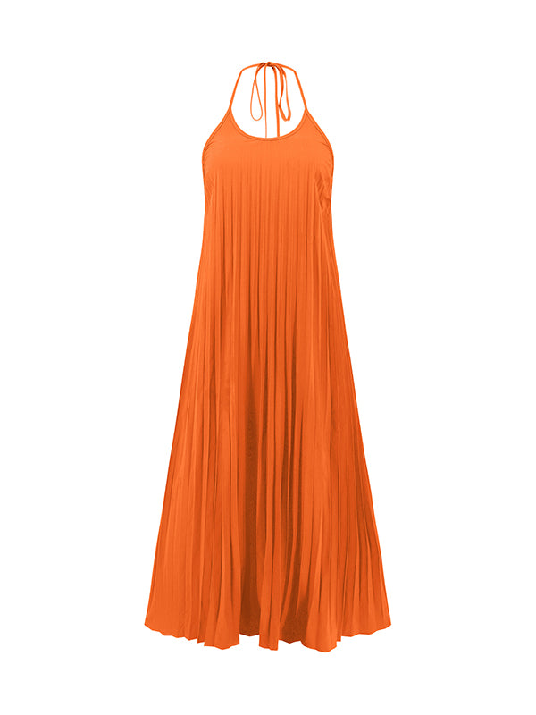 Backless Pleated Solid Color Tied A-Line Loose Spaghetti-Neck Maxi Dresses