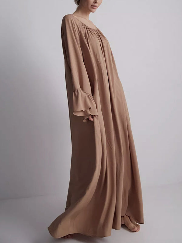 Pleated Solid Color Split-Joint A-Line Flared Sleeves Round-Neck Maxi Dresses