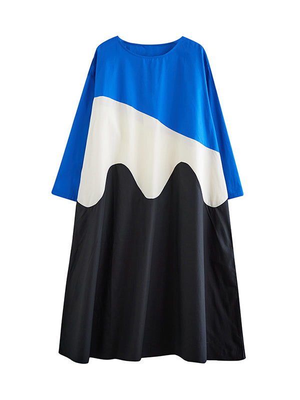 Asymmetric Contrast Color Split-Joint A-Line Long Sleeves Round-Neck Midi Dresses