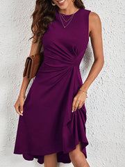 Asymmetric Pleated Solid Color Split-Joint A-Line High Waisted Round-Neck Midi Dresses