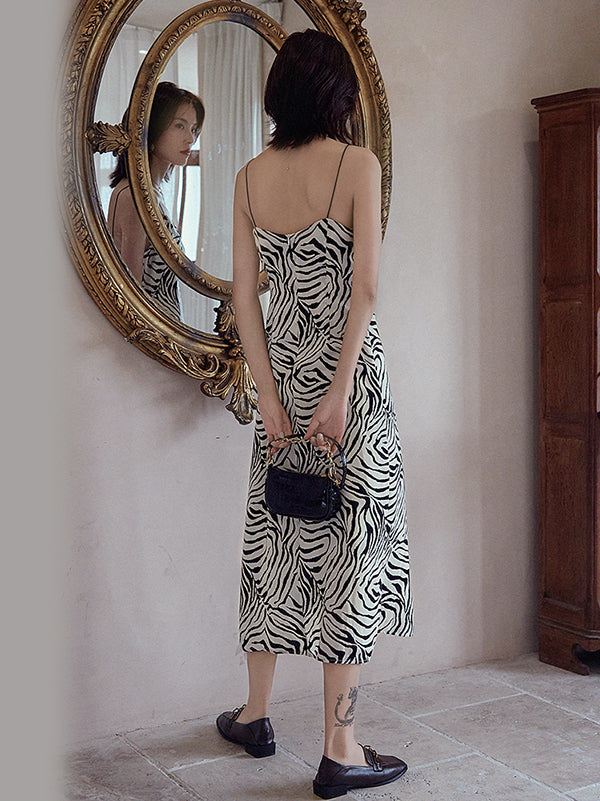 Vacation H-Line Sleeveless Zebra-Stripe V-Neck Dress
