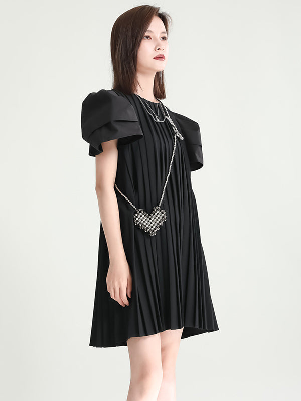 Urban Puff Sleeves Split-Joint Black Pleated Mini Dress