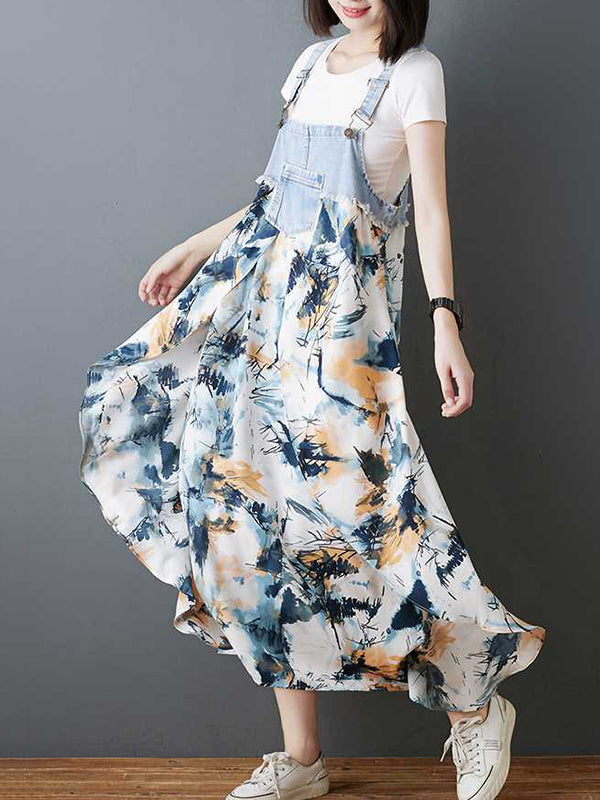 Flower Print Pockets Split-Joint Loose Plus Size Spaghetti-Neck Suspender Dress Maxi Dresses