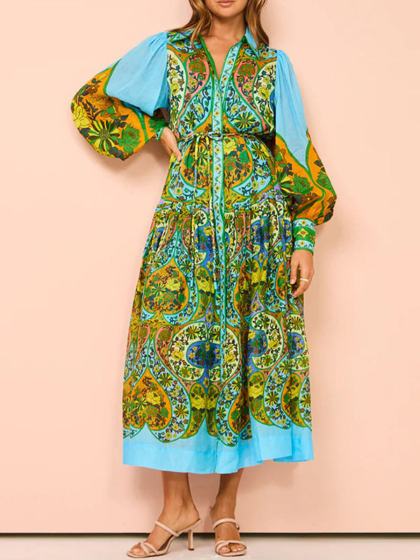 Belted Floral Printed High Waisted Loose Lapel Midi Dresses