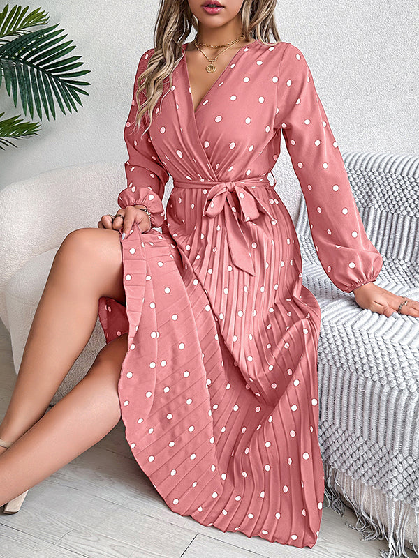Elasticity Pleated Polka-Dot Split-Joint Tied Waist A-Line High Waisted V-Neck Shirt Dress Midi Dresses