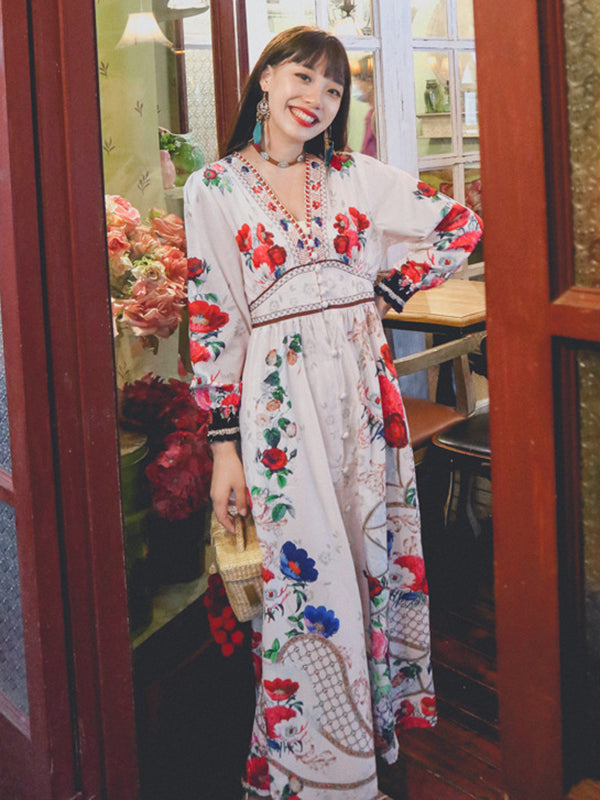 Vacation Loose Floral Patchwork V-Neck Dress