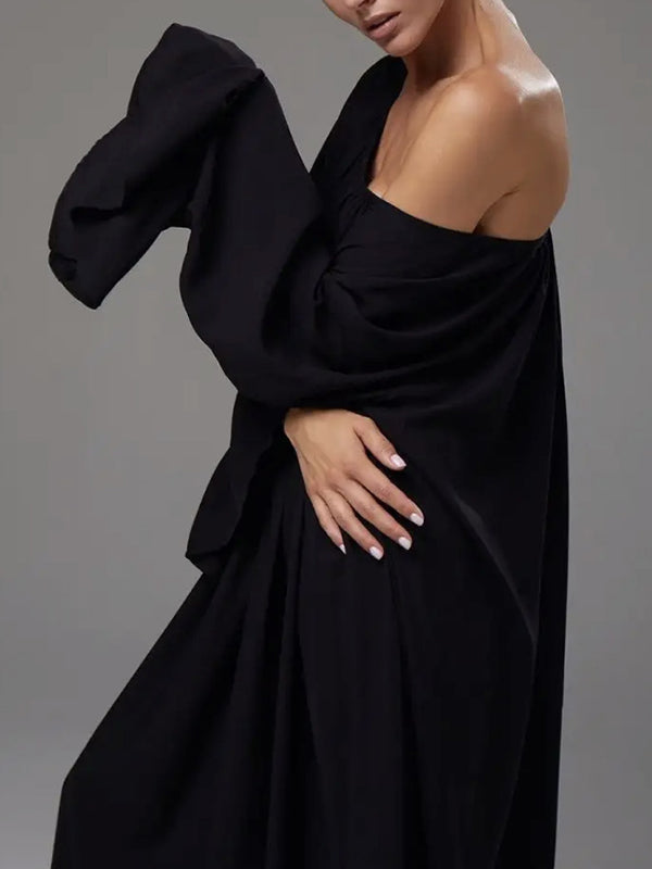 Pleated Solid Color Split-Joint Flared Sleeves Loose Round-Neck Maxi Dresses