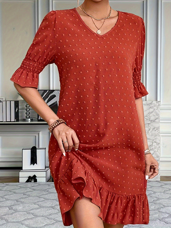 Elasticity Jacquard Pleated Solid Color Split-Joint A-Line Flared Sleeves V-Neck Mini Dresses