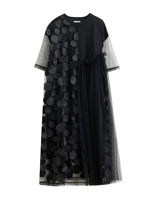 Asymmetric Gauze Split-Joint Loose Short Sleeves Round-Neck Midi Dresses