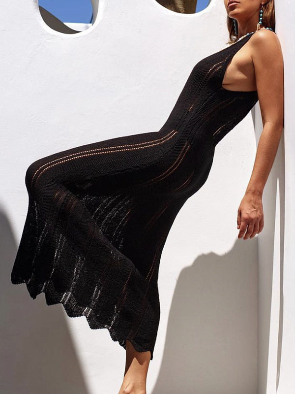Backless Hollow See-Through Solid Color Split-Joint Skinny Sleeveless Wide Straps Maxi Dresses