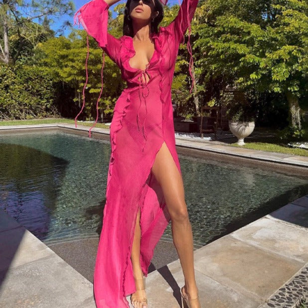 Pink Sheer Maxi Cover Up Dress With Ruffle Details