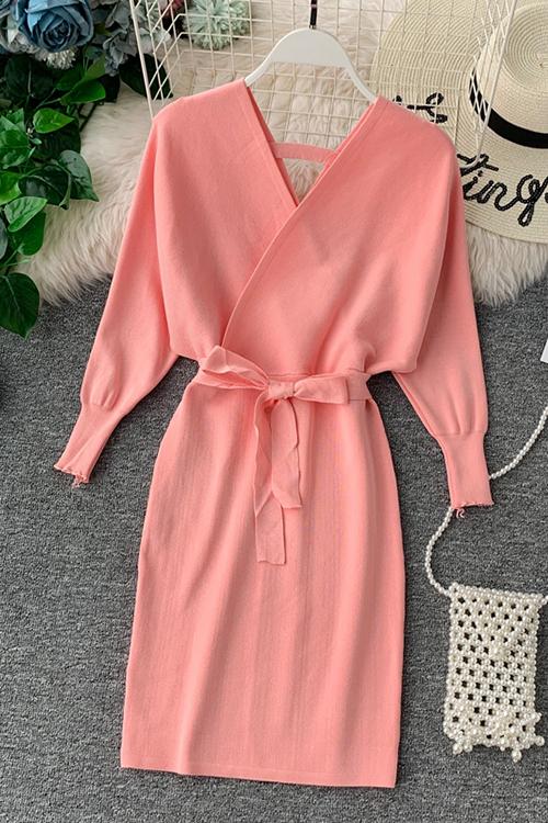 V Neck Off Shoulder Mini Dress