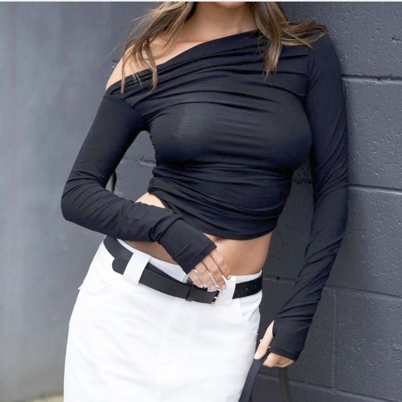 niche design outer wear long-sleeved tops off the shoulder long sleeve shirt