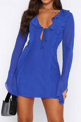 Ruffled Long Sleeved Lace Up Mini Dress