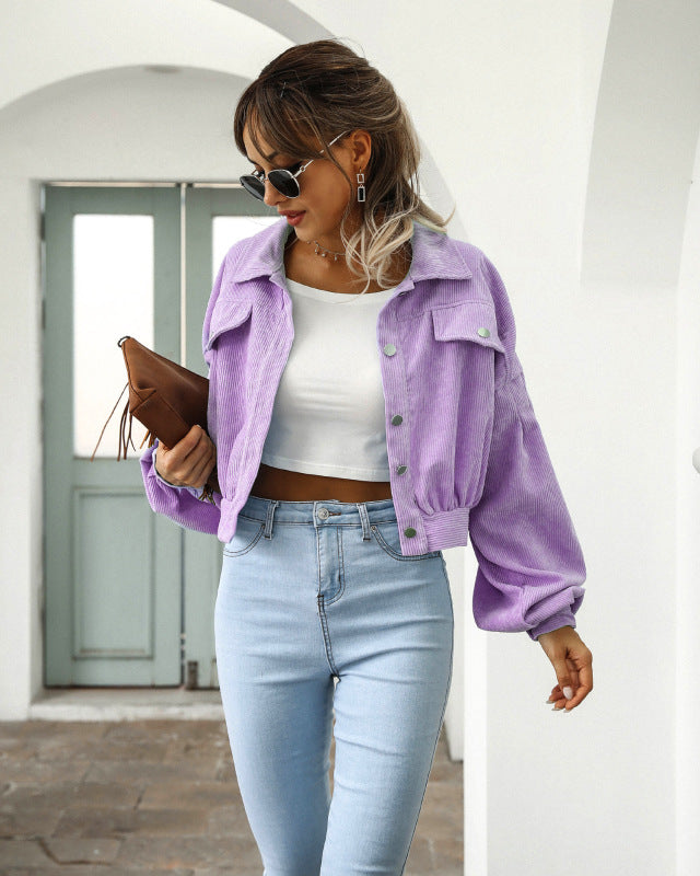 Corduroy Jacket Lantern Sleeve Single Breasted Short Jacket