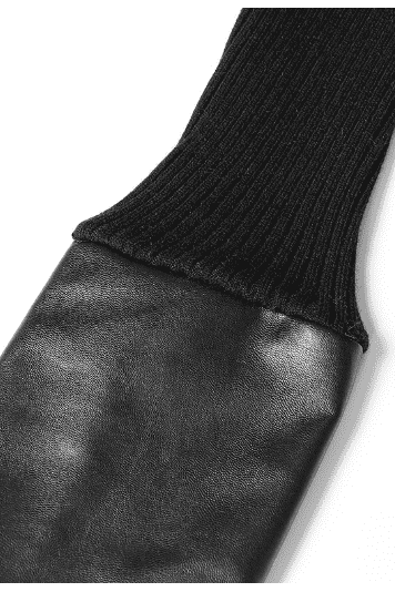 Irregular stitching knitted leather round neck slim sweater