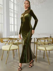 Velvet splicing mesh slim long-sleeved dress