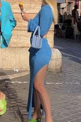 Crew Neck Flares Sleeve Crop Top Slit Midi Skirt Suits