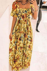 Floral Square Neck Short Sleeve Maxi Dress