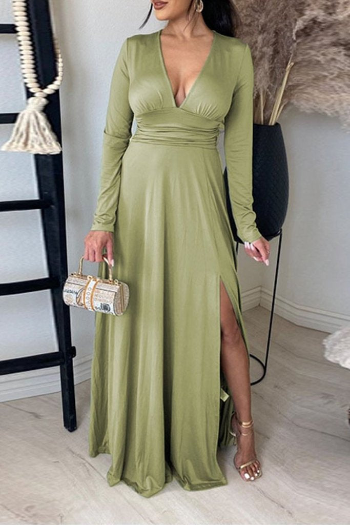 V Neck Long Sleece Slit Maxi Dress