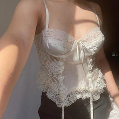 White Satin Lace Spliced Ruffles Crop Top