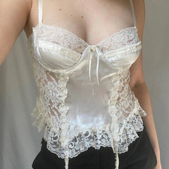 White Satin Lace Spliced Ruffles Crop Top