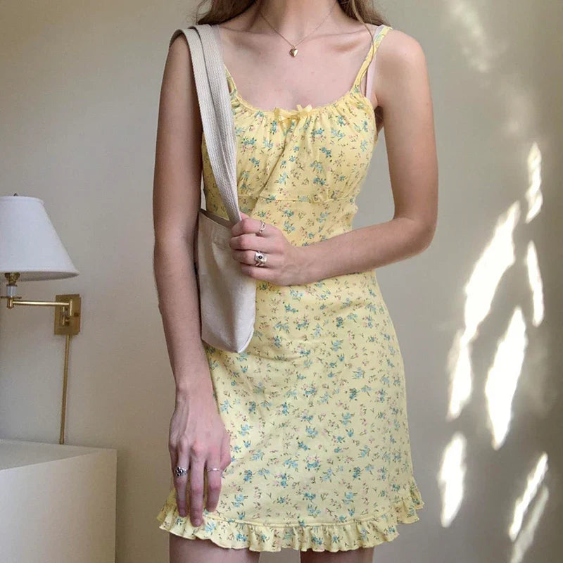 Yellow Bow Small Flowers Printing Mini Dress