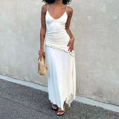 White Strap Asymmetrical Frill Long Dress