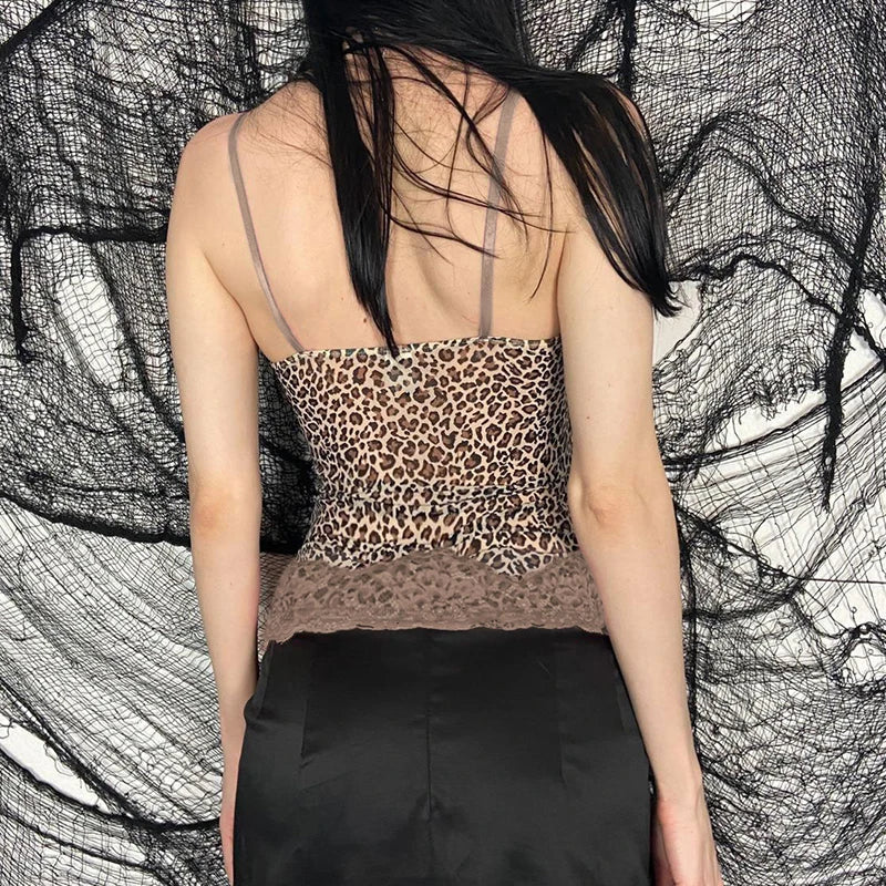 Vintage Leopard Lace Spliced Halter Top