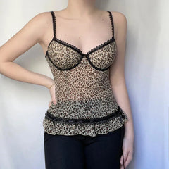 Vintage Leopard Lace Spliced Ruffles Transparent Top