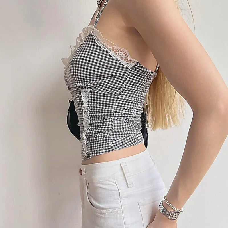 Vintage Strap Sleeveless Cropped Plaid Top