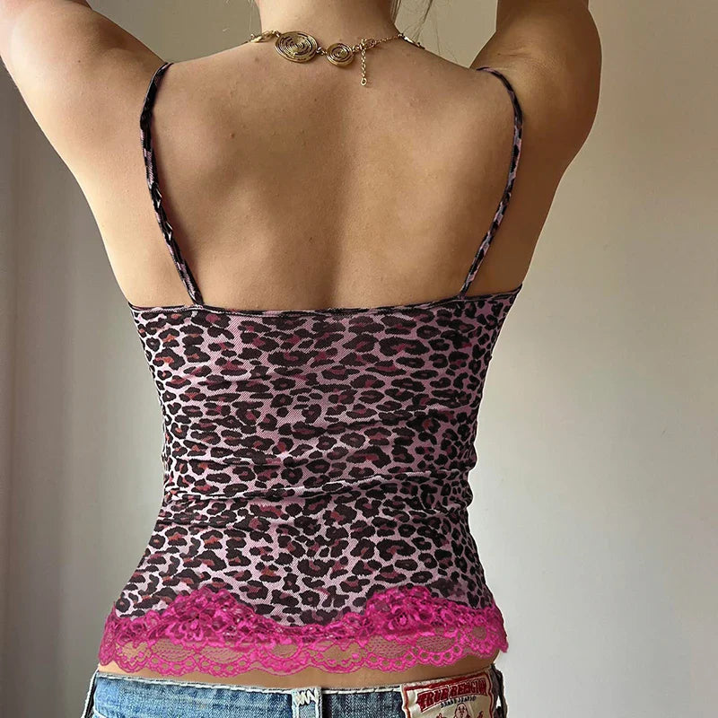 Vintage Leopard Camisole Lace Patchwork Top